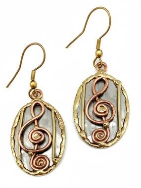 Gold & Copper Treble Clef Dangle Earrings | Music Note Boho Statement Jewelry